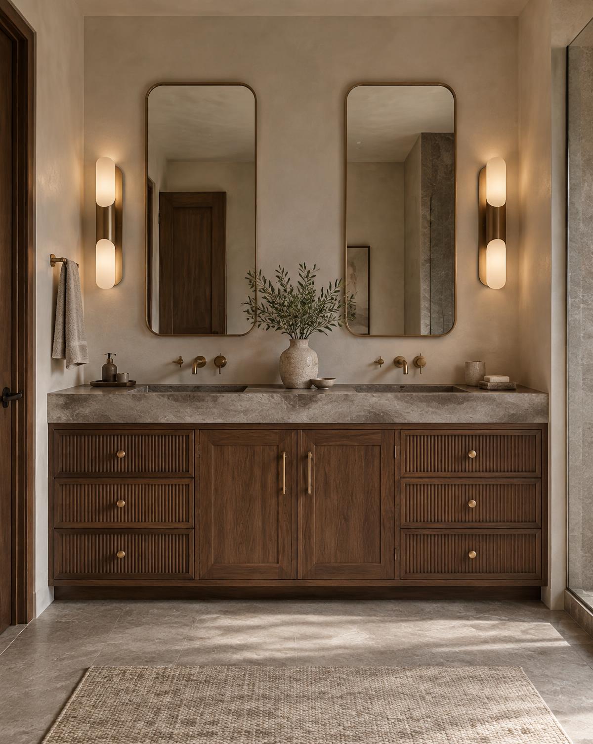 Full-custom walnut double vanity with fluted drawer fronts