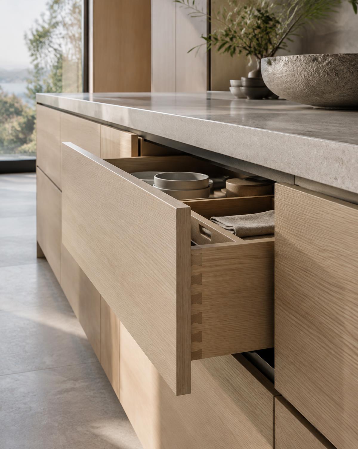 Close-up of precision frameless oak cabinetry and dovetail drawer