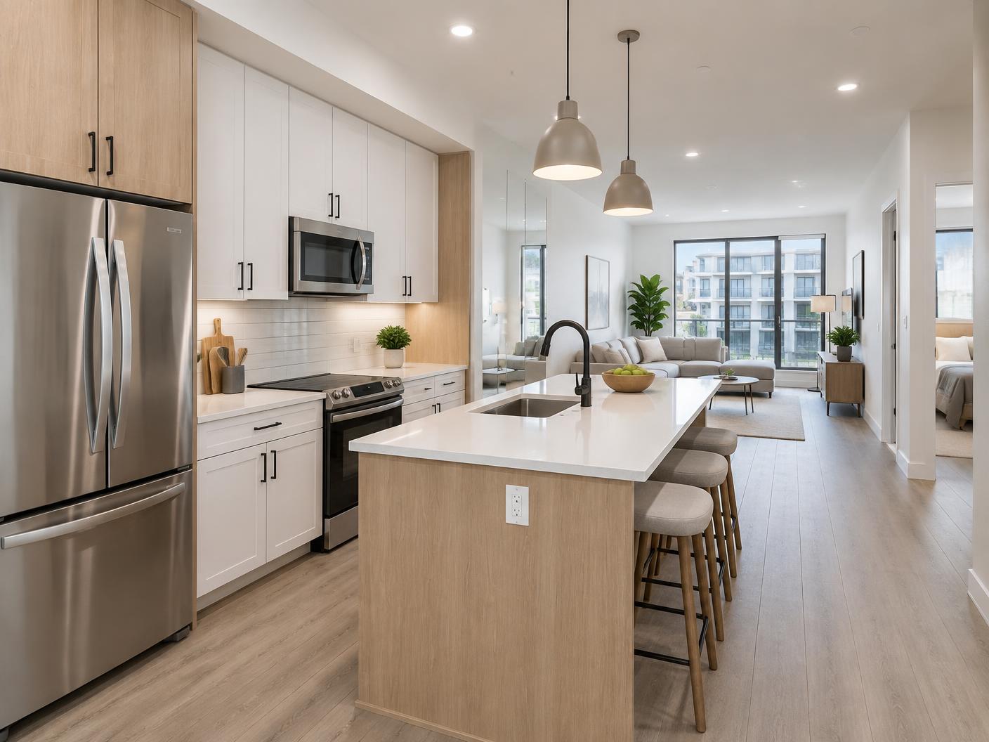 Completed multifamily apartment kitchen with durable white and oak cabinetry